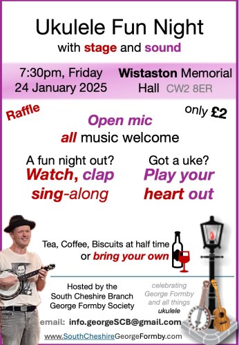 Branch Poster January 2025 plain with Kyle Evans playing banjolele and logo