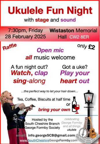 Branch Poster February 2025 plain with Gabriella playing banjolele and logo