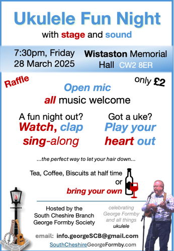 Branch Poster March 2025 plain with Simon playing uke and logo