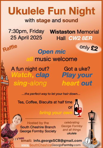 Branch Poster April 2025 with Blackpool Tower and young woman with uke