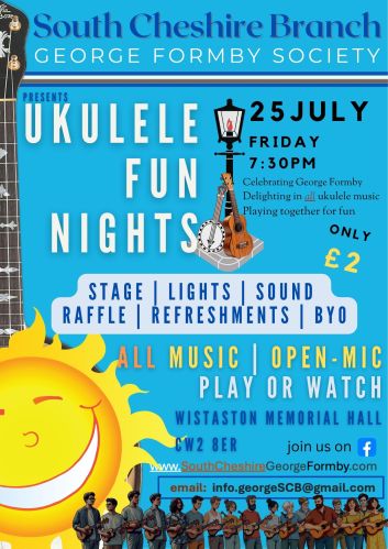 Branch Poster July 2025 with banjolele under smiling sun