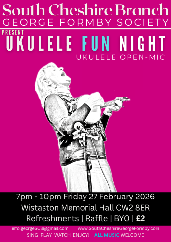Shocking pink poster for Uke concert 7pm 27th Feb 2026. Featuring enthusiastic lady playing a banjolele and singing with head thrown back. 
