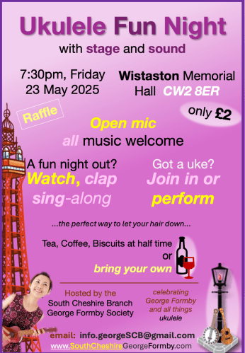 Branch Poster May 2025 with Blackpool Tower and young woman with uke